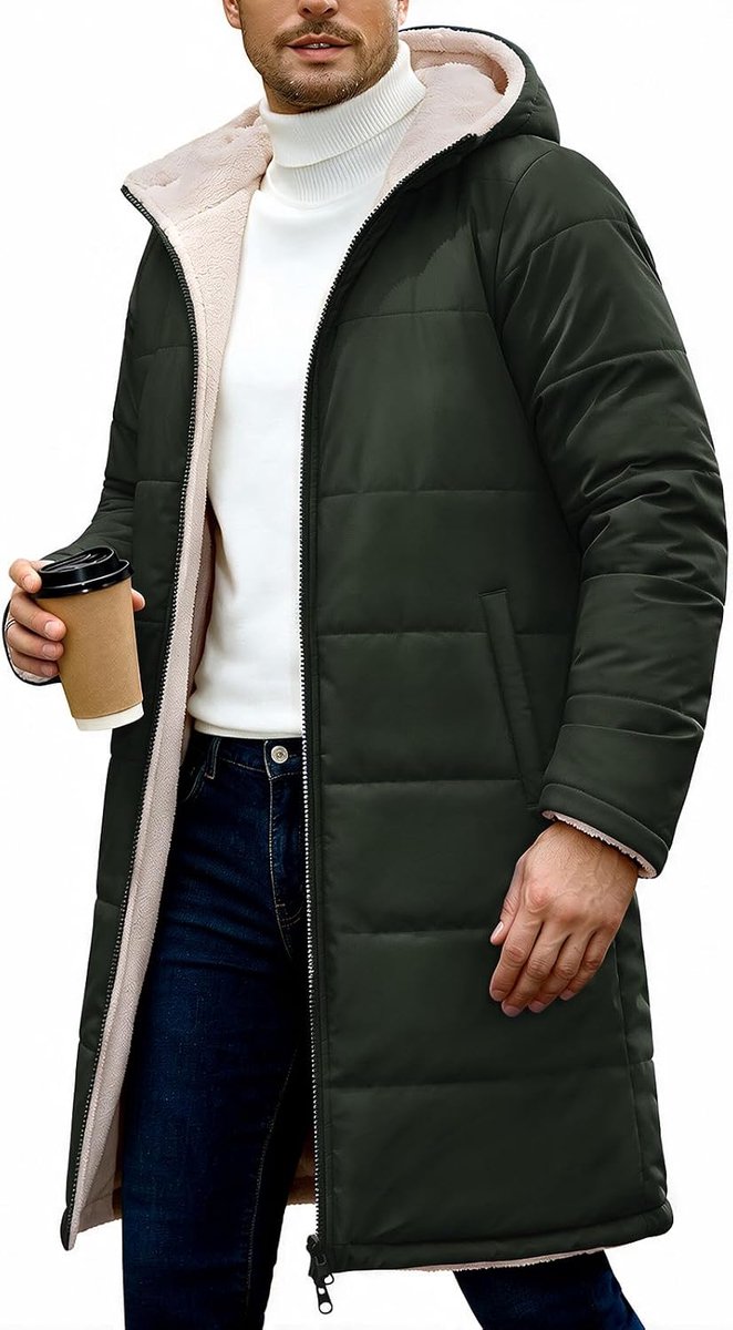 Omkeerbare Lange Winterjas Heren Met Teddy Fleece En Capuchon