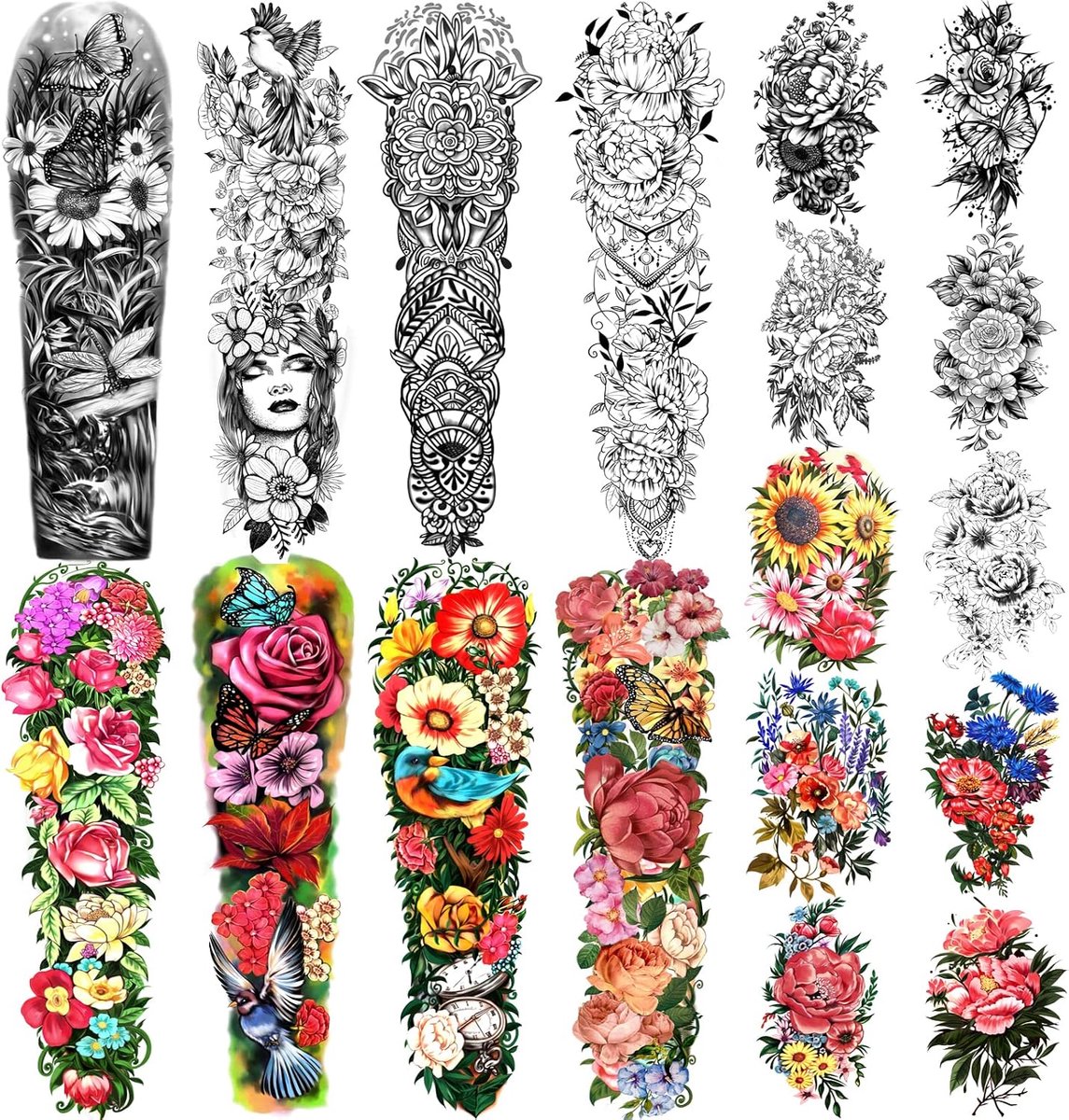 Tijdelijke tatoeages 8 vellen en halve arm schouder tattoo 10 vellen, extra grote blijvende tattoo-stickers voor mannen en vrouwen (58X18cm)