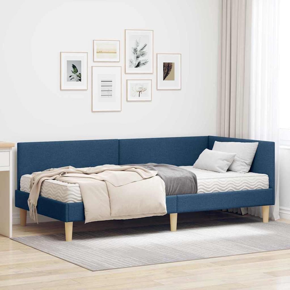 Hoekbedframe met matras, 2 stuks, blauwe stof, moderne slaapkamer, highlight, wandgemonteerd hoofdeinde, multi-zone-ondersteuning, stabiele lattenbodem