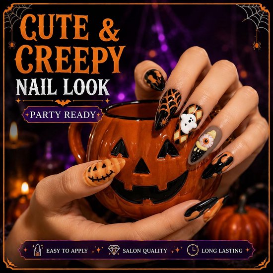 30 Halloween press-on nagels amandel 3D bloed oog pompoen ontwerp — afbeelding 3