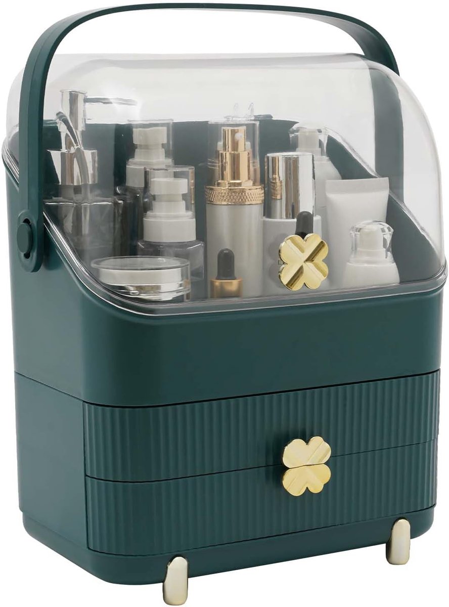Cosmetica-organizer/beauty-organizer, opslag, cosmeticatendoos, stofdicht, met deksel, draaggreep, laden, opbergdoos voor dresser, badkamer, slaapkamer (groen)