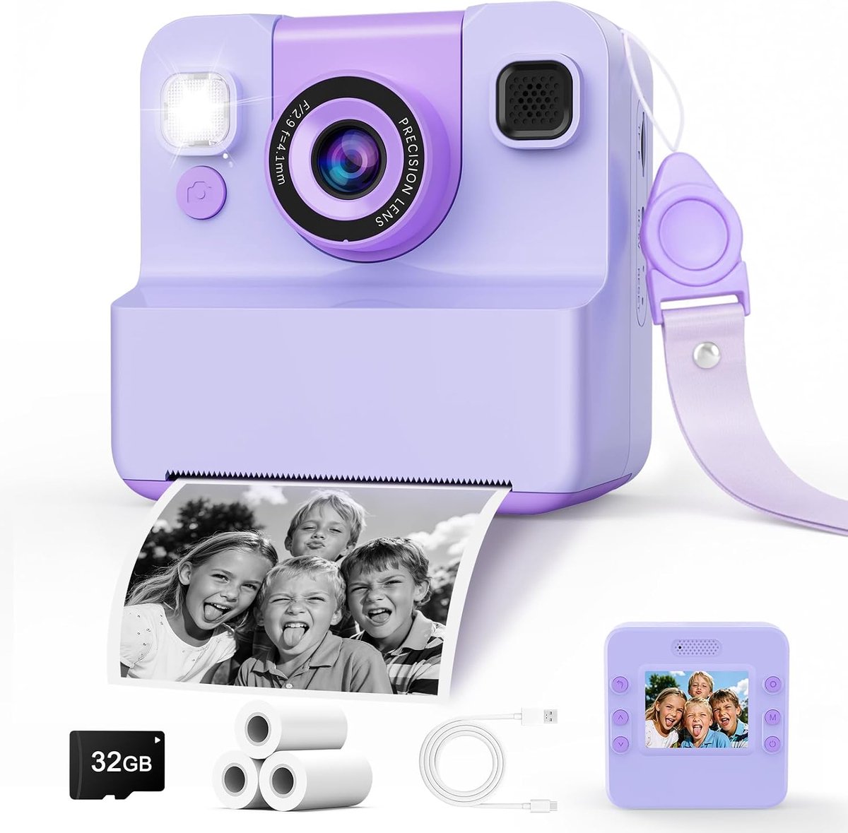 Kindercamera Instant Print, 2,4 inch HD-scherm kindercamera foto & 1080P video & muziek & 5 puzzelspellen 32 GB SD (PURPLE)