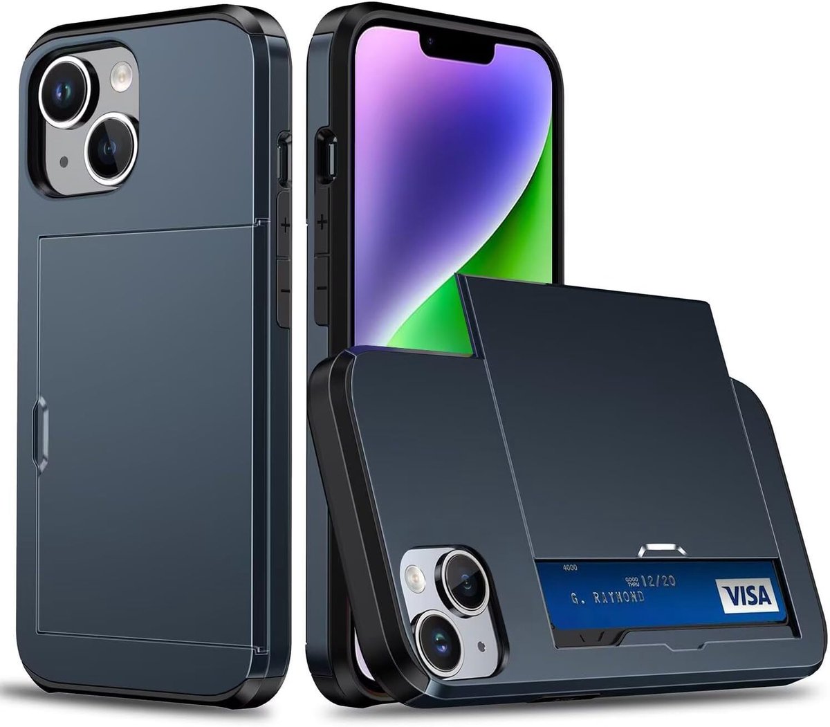 Beschermhoes voor iPhone 15 Plus/iPhone 14 Plus met kaarthouder, dubbellaags, schokbestendig, verborgen sleuf, TPU + PC beschermhoes portefeuille, Tibetaans cyaan
