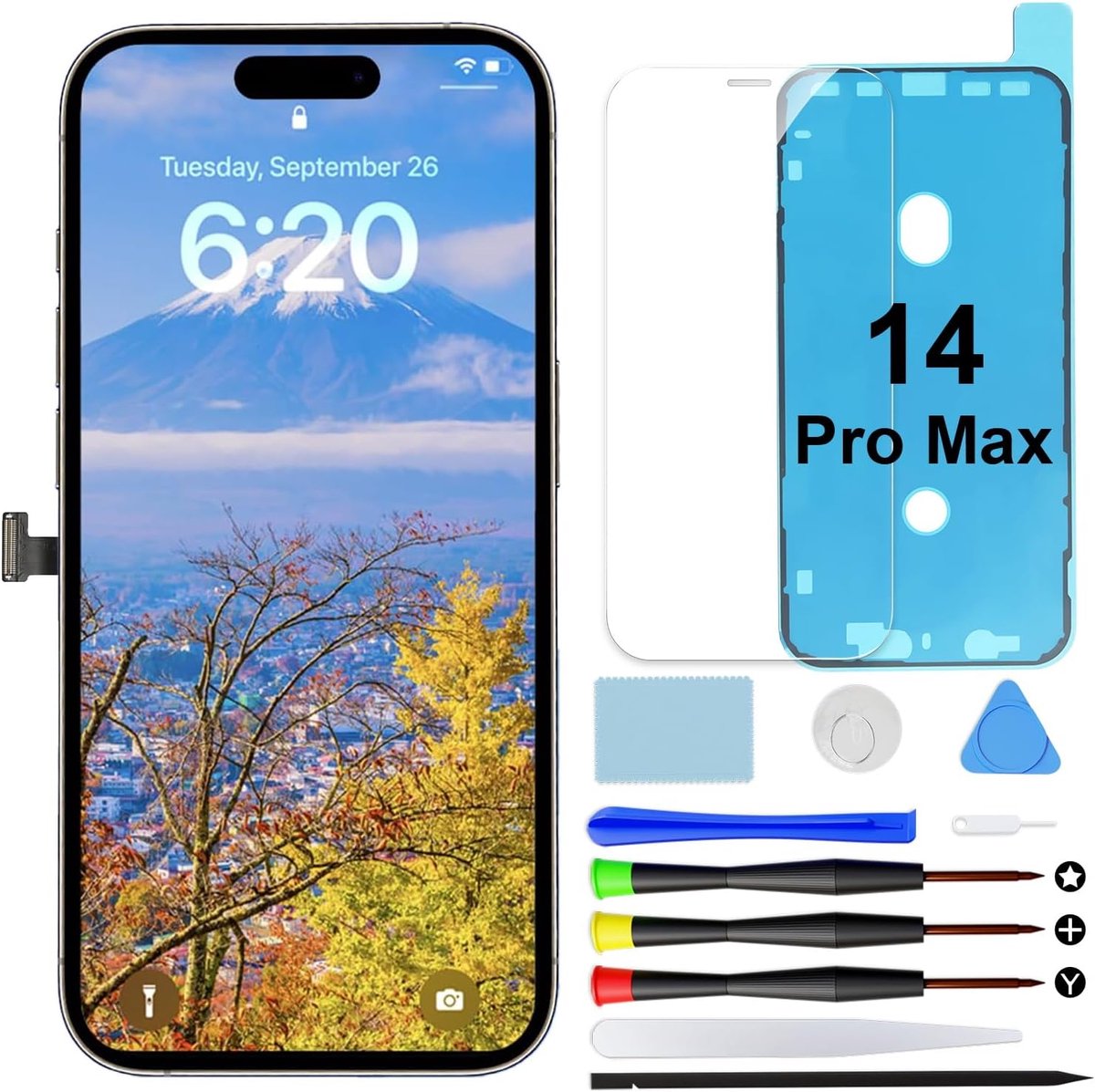 Touch LCD-scherm voor iPhone 14 Pro Max, 16,7 cm (6,7 inch), Full HD digitizer, met reparatiegereedschap en displaybeschermfolie