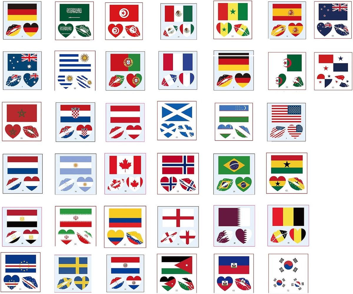 Tijdelijke tatoeages, 60 mm voetbalvlaggen, tatoeages voor Unisex volwassene, voetbalfeestdecoraties, speeldag, VS, Mexico, Canada, Duitsland, Frankrijk, Spanje