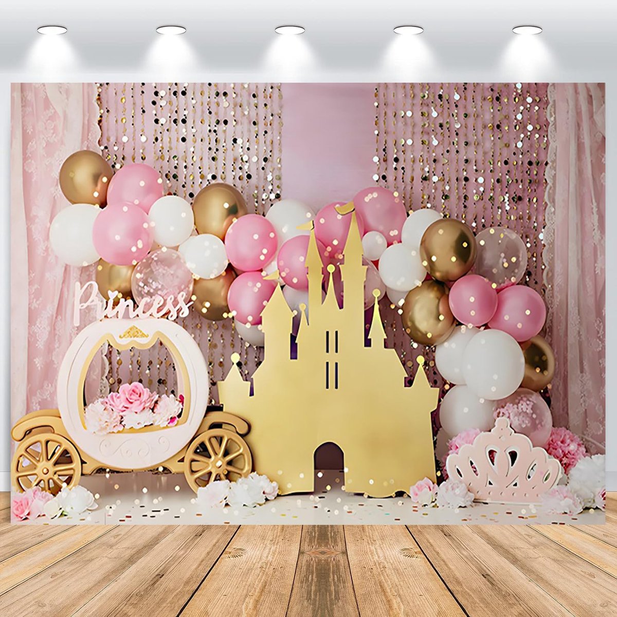 Verjaardagsachtergrond van Princess Castle, 25 x 20 cm, gouden kasteel met pompoen en koets, roze ballon fotoachtergrond, fotografie-achtergrond voor meisje, eerste verjaardagsfeestje,