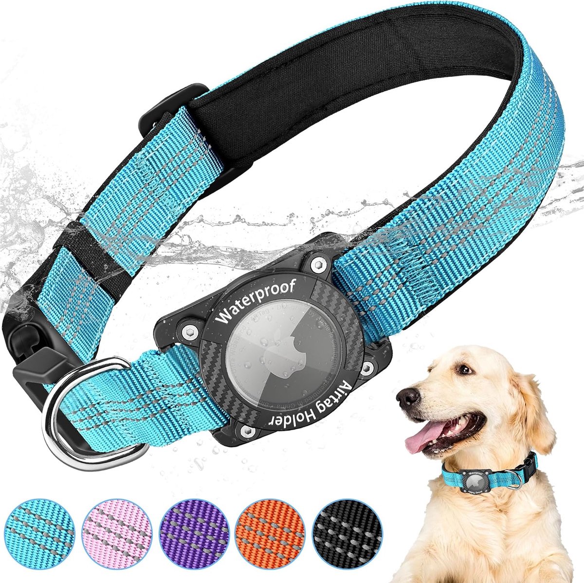 Hondenhalsband met houder, compatibel met AirTag, blauw, L