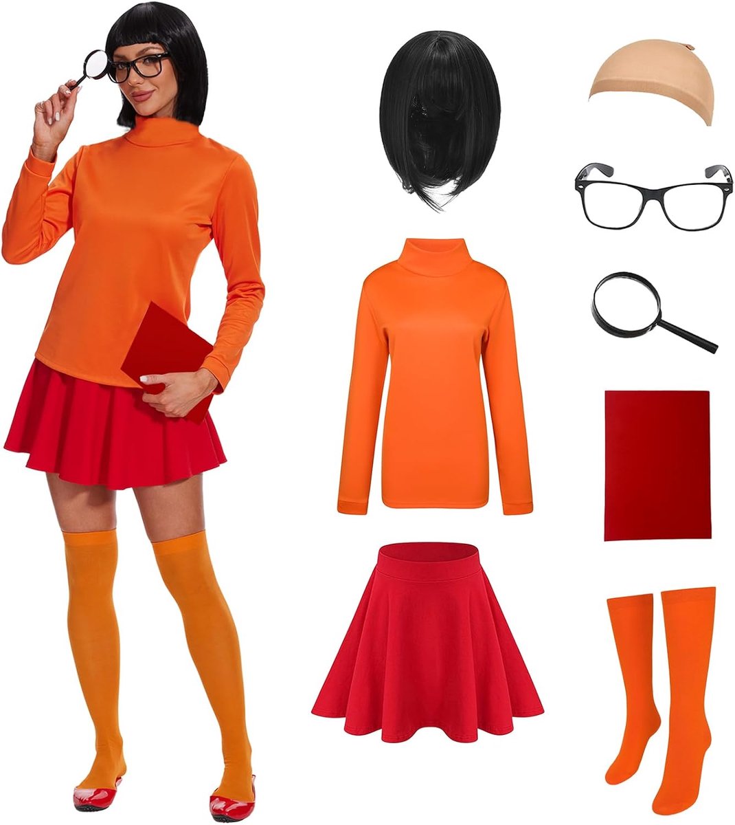 kostuum voor dames, oranje coltrui, skaterrok, sokken, cosplay kostuum voor volwassenen, feesten, carnaval en Halloween