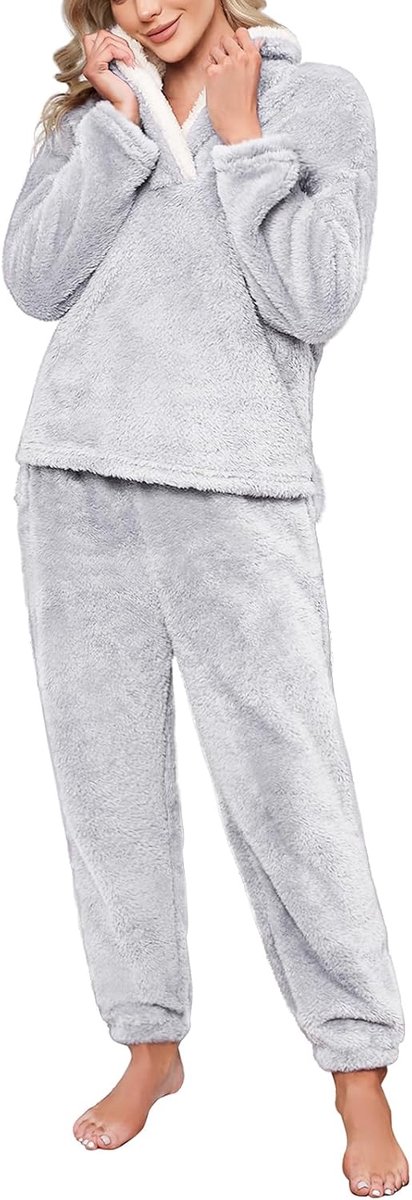 Pyjama voor dames, winter, fleece, pyjamaset, fleece, warm en zacht, lange mouwen, revers, pyjama