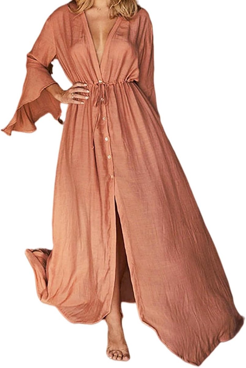 Pareo-jurk voor dames, met ruches en knopen, kaftan, effen, bikini voor zomer, strand en vakantie