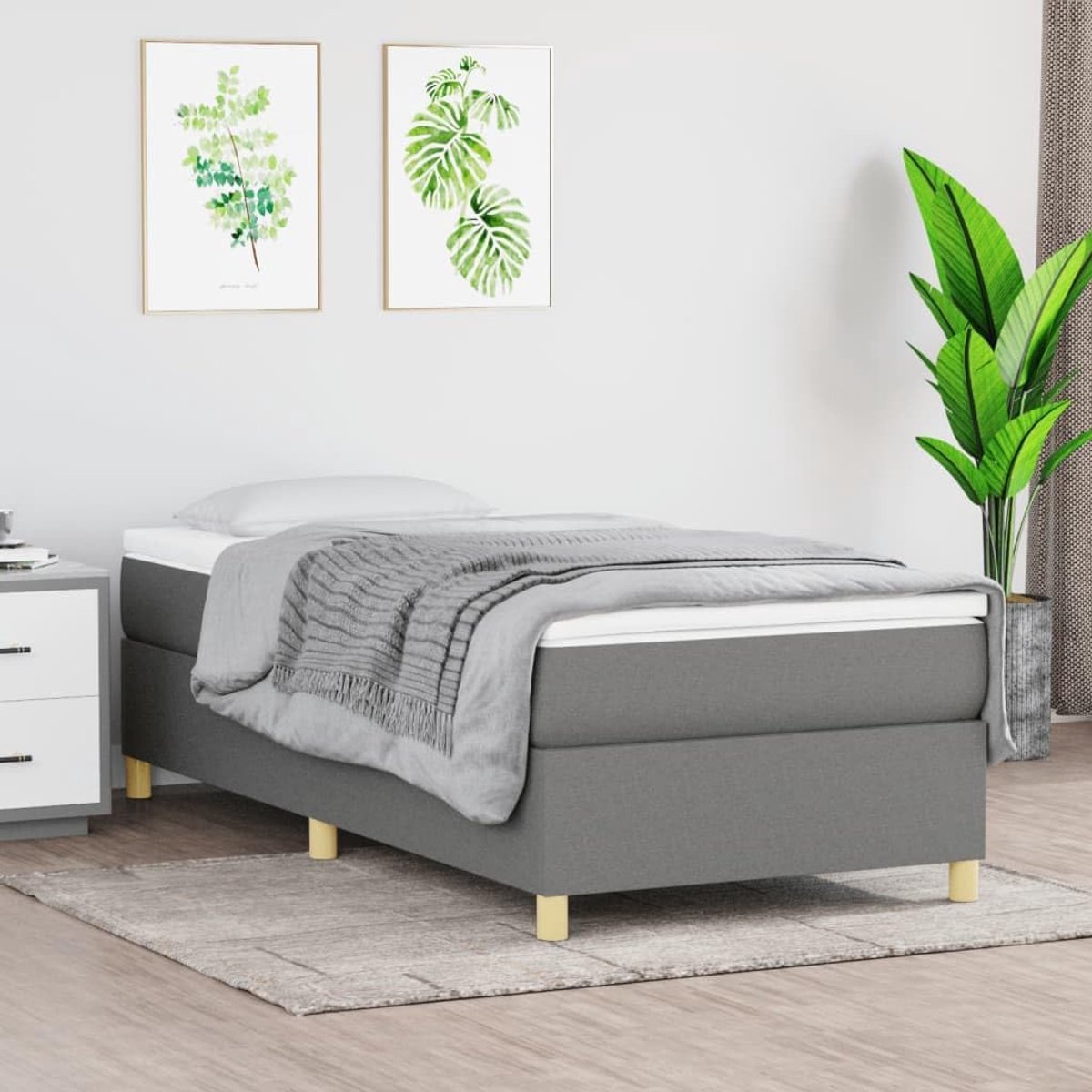 Bed 90x200 cm stof donkergrijs met stevige poten multiplex lattenbodem duurzaam ademend frame slaapkamer geen matras inbegrepen