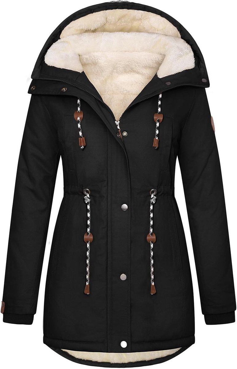 Jassen met fleece voor dames, warme katoenen parka-jassen voor dames, gewatteerde thermische overjas met capuchon en trekkoord, ritssluiting