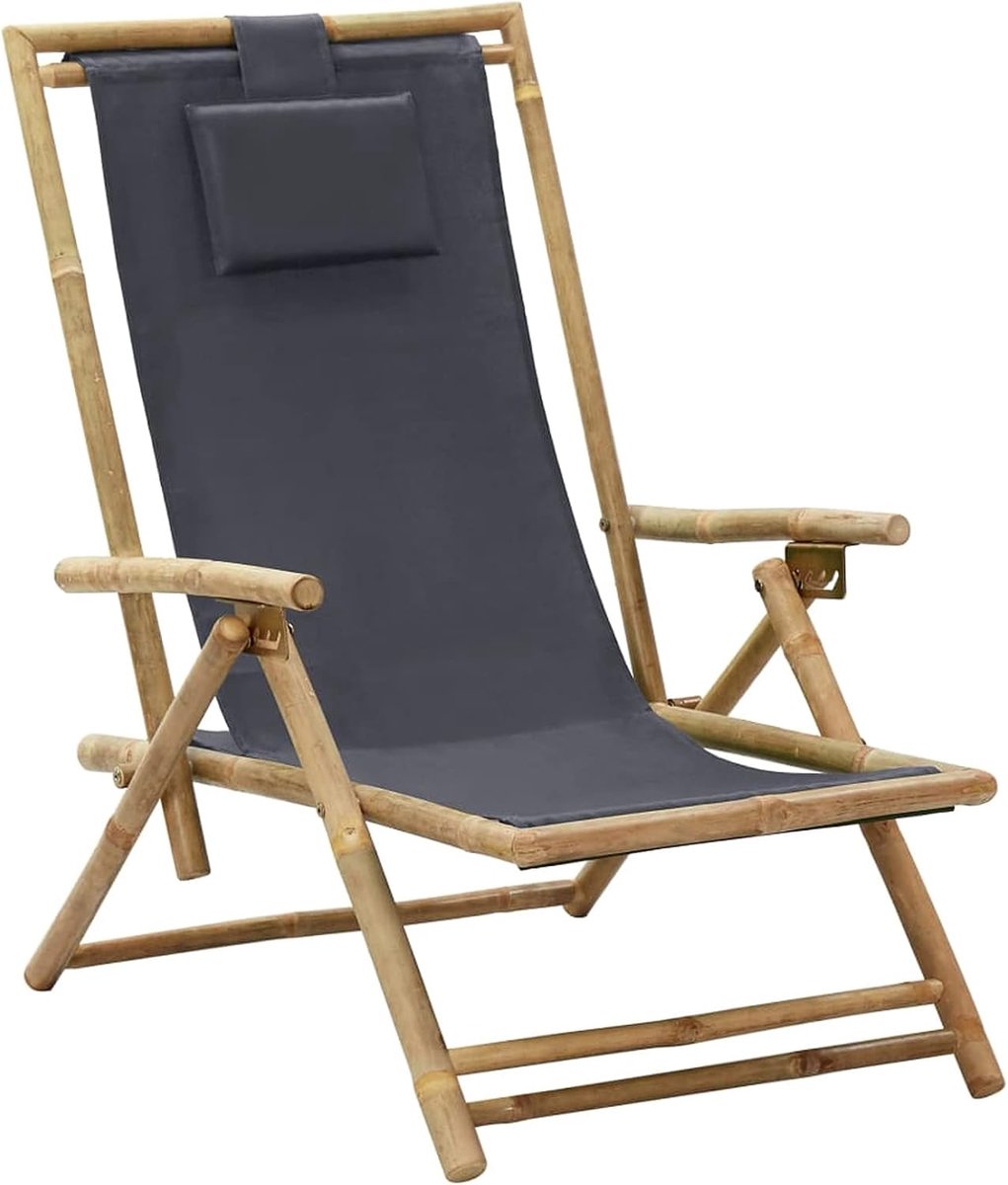 Tuinstoel, relaxstoel, strandstoel, ligstoel met 4 standen verstelbare rugleuning, bamboe en stof donkergrijs