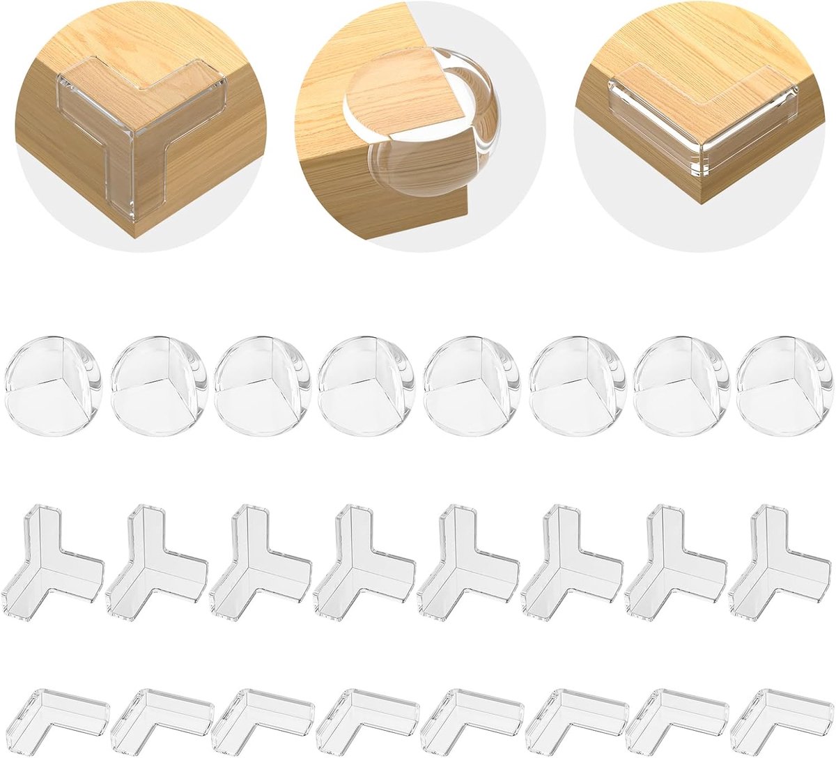 24 stuks hoekbescherming voor baby's, randbescherming voor baby's, zelfklevende randbescherming, 3 vormen, transparant, tafelrandbescherming voor verschillende meubels, moeiteloos aan te brengen en