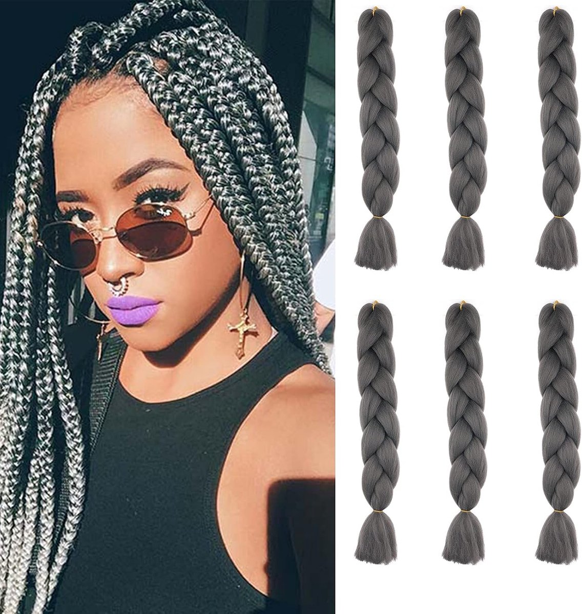 60cm Braids Kunsthaar Ombre Jumbo Braiding Hair Haarverlengingen Haar Synthetisch Vlechten Crochet Haardelen 6 Stuks 100g/Bundel (Donkergrijs)