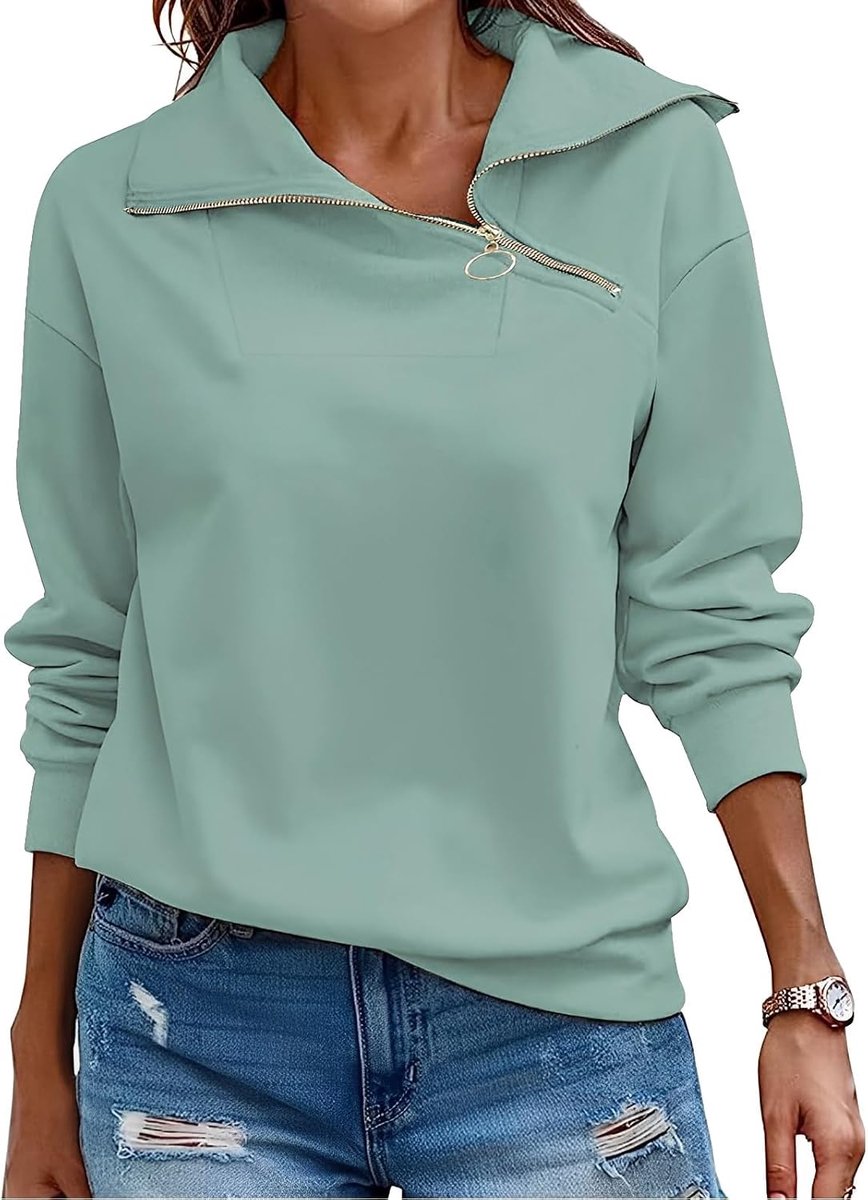 Pullover Dames Sweatshirt Herfst Kwart Ritssluiting Lange Mouwen Staande Kraag Pullover Losse Effen Casual Tops Dames