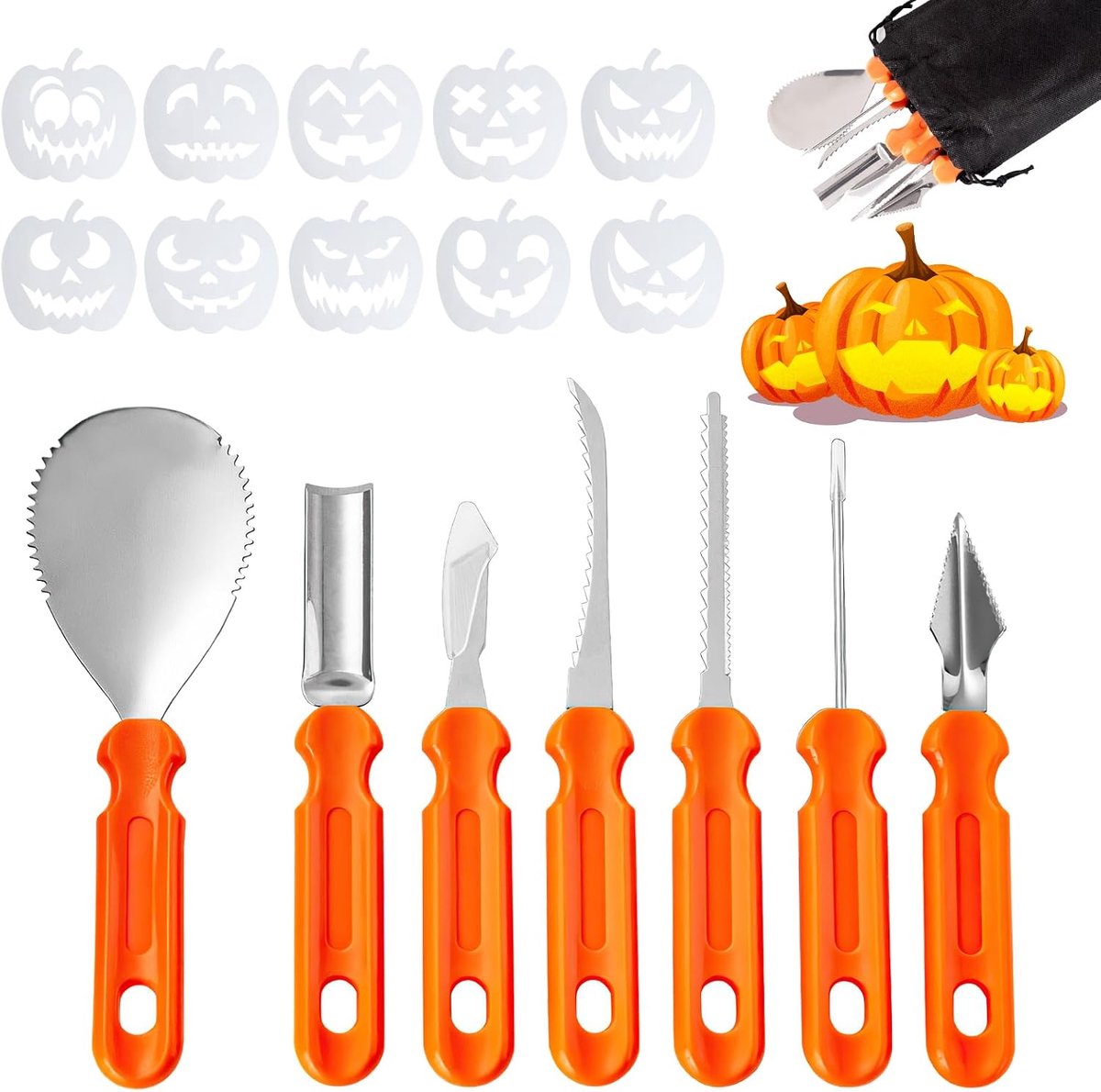 Pompoensnijset, 7 stuks pompoensnijgereedschap met 10 sjablonen en draagtas, pompoensnijgereedschap, roestvrij staal, voor kinderen en volwassenen