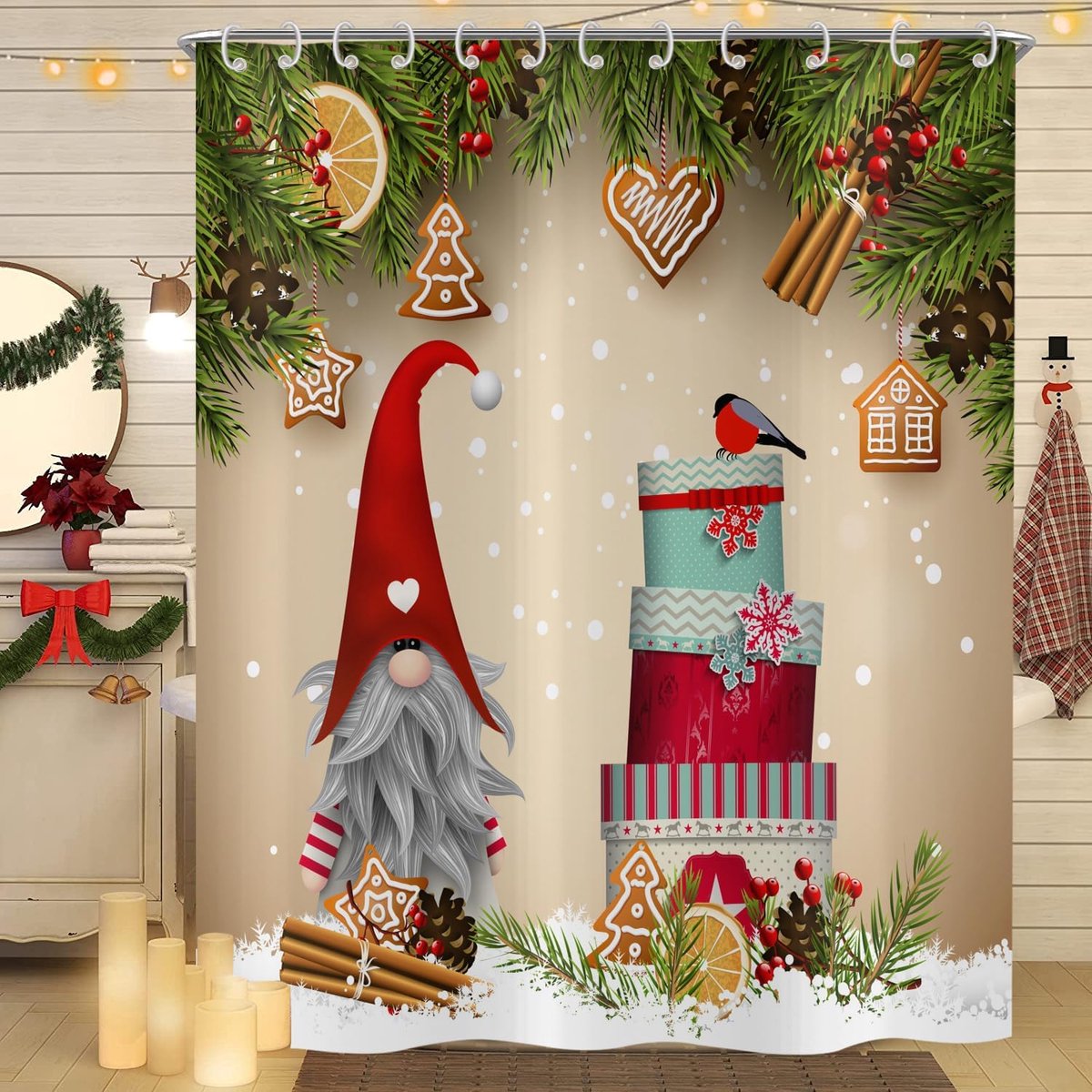 Douchegordijn 180 x 200, schattige kabouter kleurrijke geschenkdozen groene dennentak Xmas wintervakantie badkamer gordijnen waterdicht polyester stof wasbare badgordijnen met haken