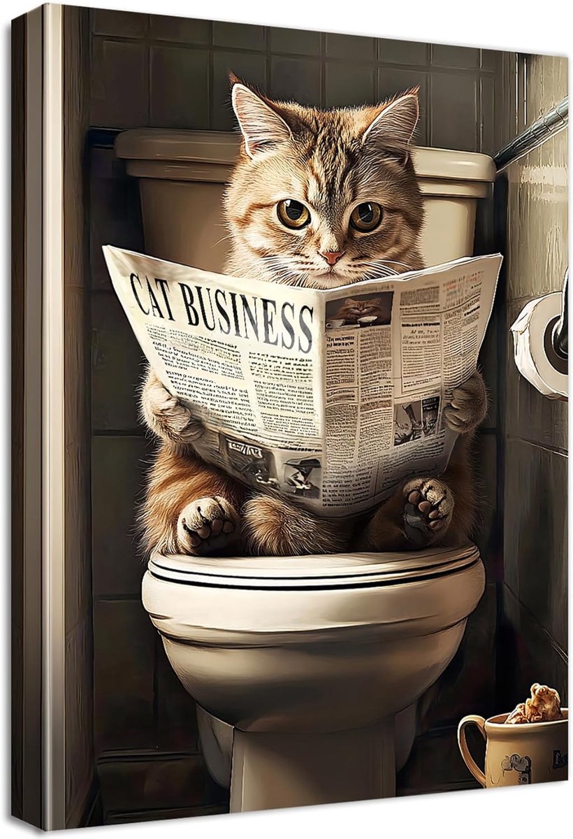 Frame, print op canvas, grappige kat, afbeelding op canvas, poster, wanddecoratie, kitten, lees de krant op het toilet, wanddecoratie, badkamer, toilet, 40 x 60 cm