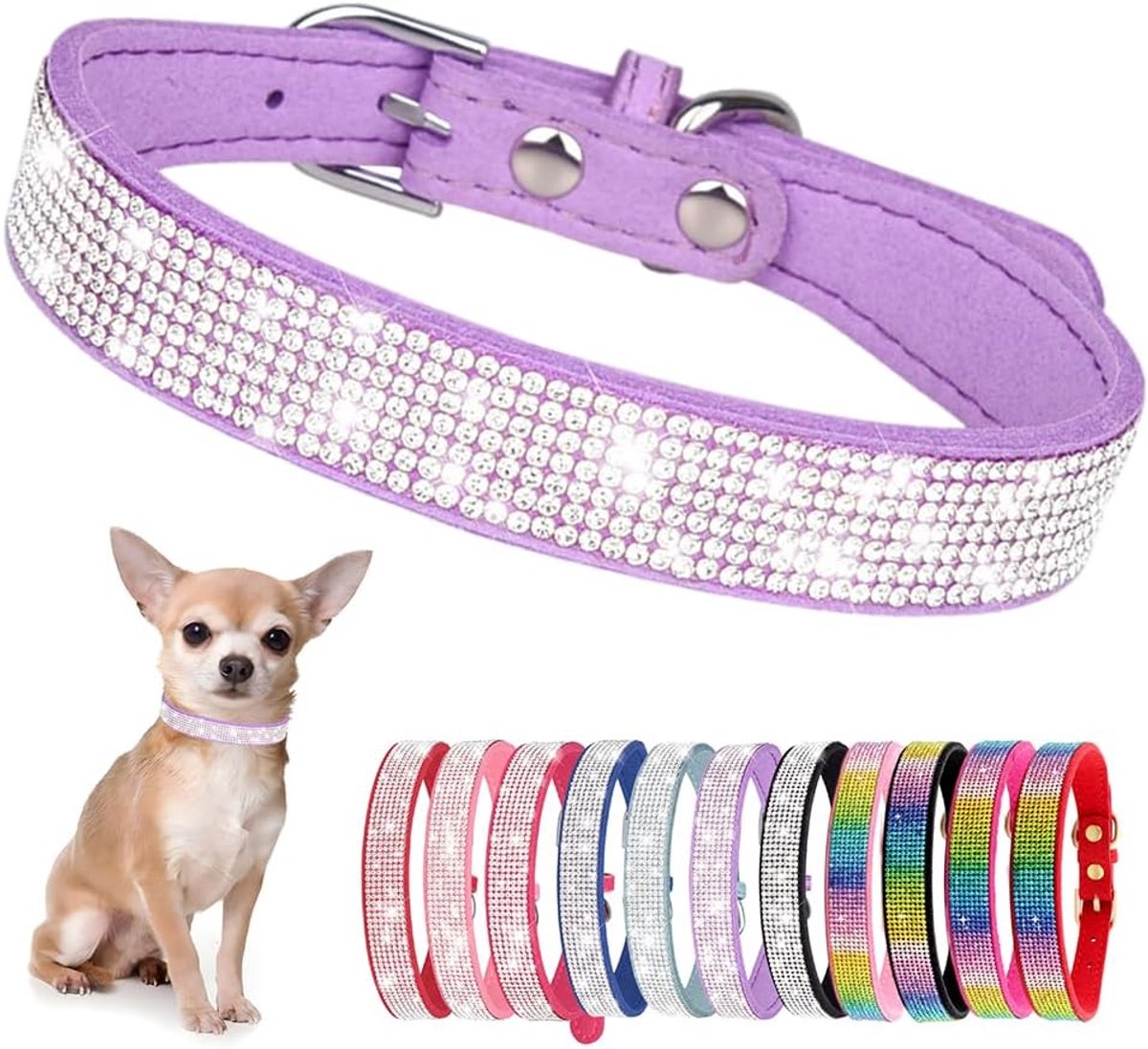 Hondenhalsband voor kleine honden, puppy met strass, parels, glitter, kristallen, stenen, meisjes, halsband kat, hond, strass, paars, XXS