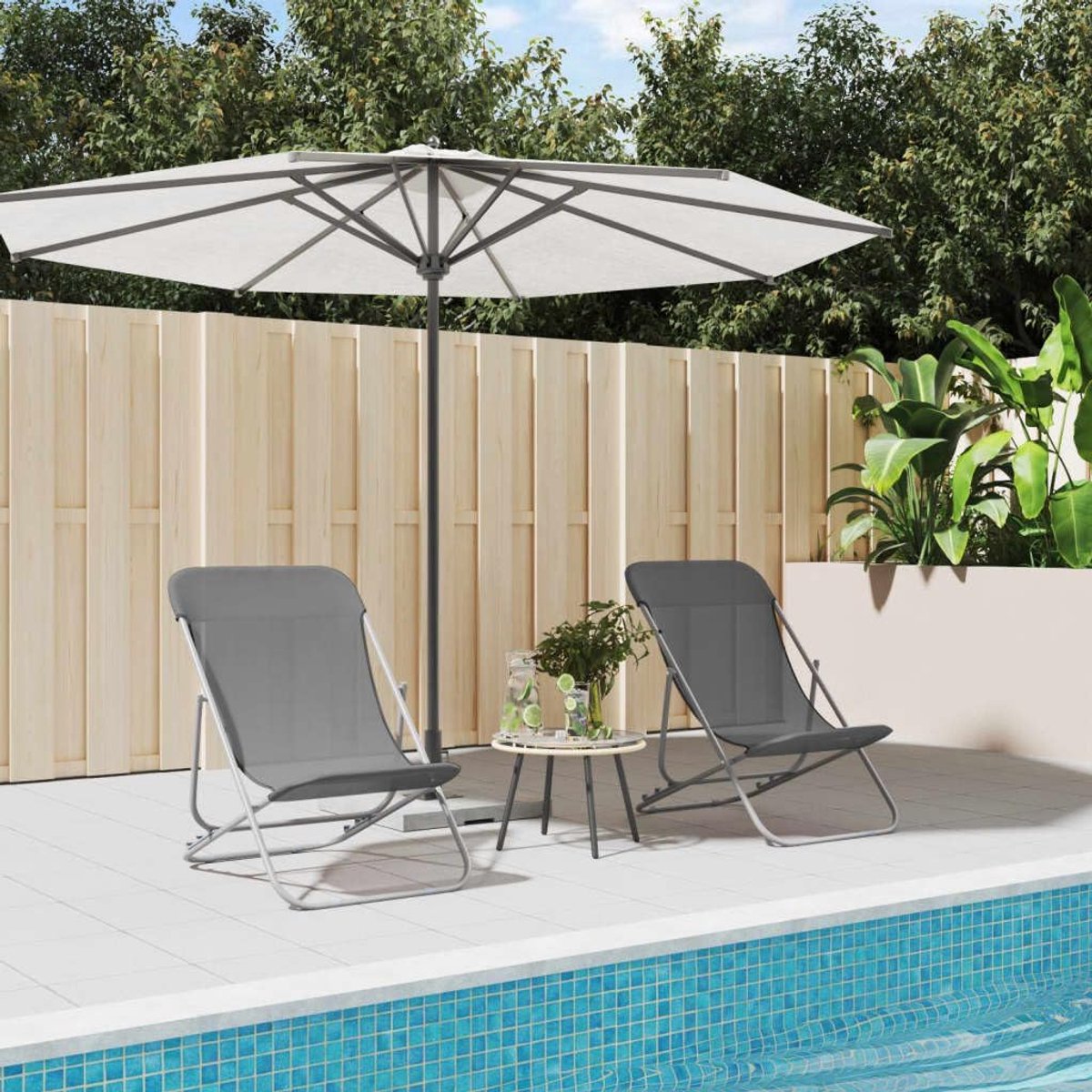 Strandstoelen, 2 stuks, grijs, textileen & gepoedercoat staal voor tuin en terras, met 3-voudig verstelbare ligpositie en stabiel frame