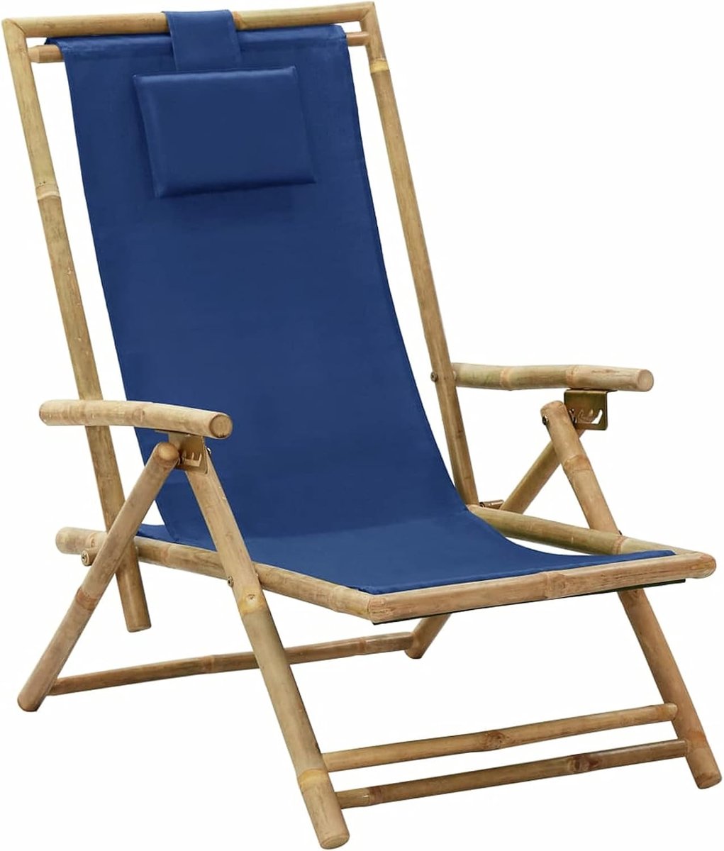 Relaxstoel inklapbare relaxstoel klapstoel rugleuningstoel tuinstoel in 4 standen verstelbaar ligstoel strandstoel tuinstoel tuinmeubelen marineblauw bamboe en stof