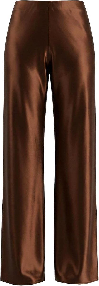 Damesbroek met wijde pijpen, hoge taille, satijn, imitatie zijde, vloeiende stof, slanke look, lange stoffen broek, kantoor, feest, dagelijks gebruik