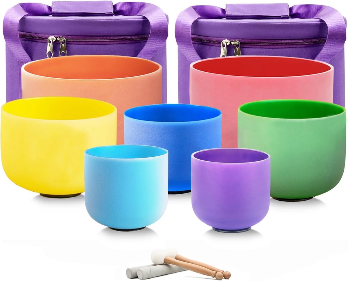Klankschalenset, 432 Hz, 7-12 inch, 7 tonen A, B, C, D, E, F, G, 7 kleuren, chakra-klankschaal met draagtassen voor meditatie, klanktherapie, muziektherapie