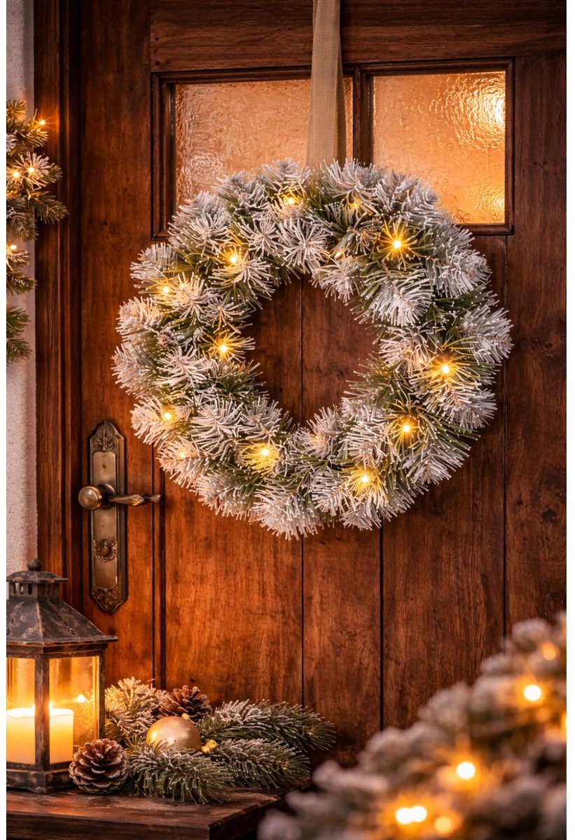 Black Box Kerstkrans - D35 cm - met LED verlichting - nepsneeuw - deurkrans - kransen – foto 3