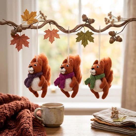 Wolvilt Hanger Eekhoorn Indian Summer - Burgundy - Fairtrade Homedeco - 11x5x8cm — afbeelding 3