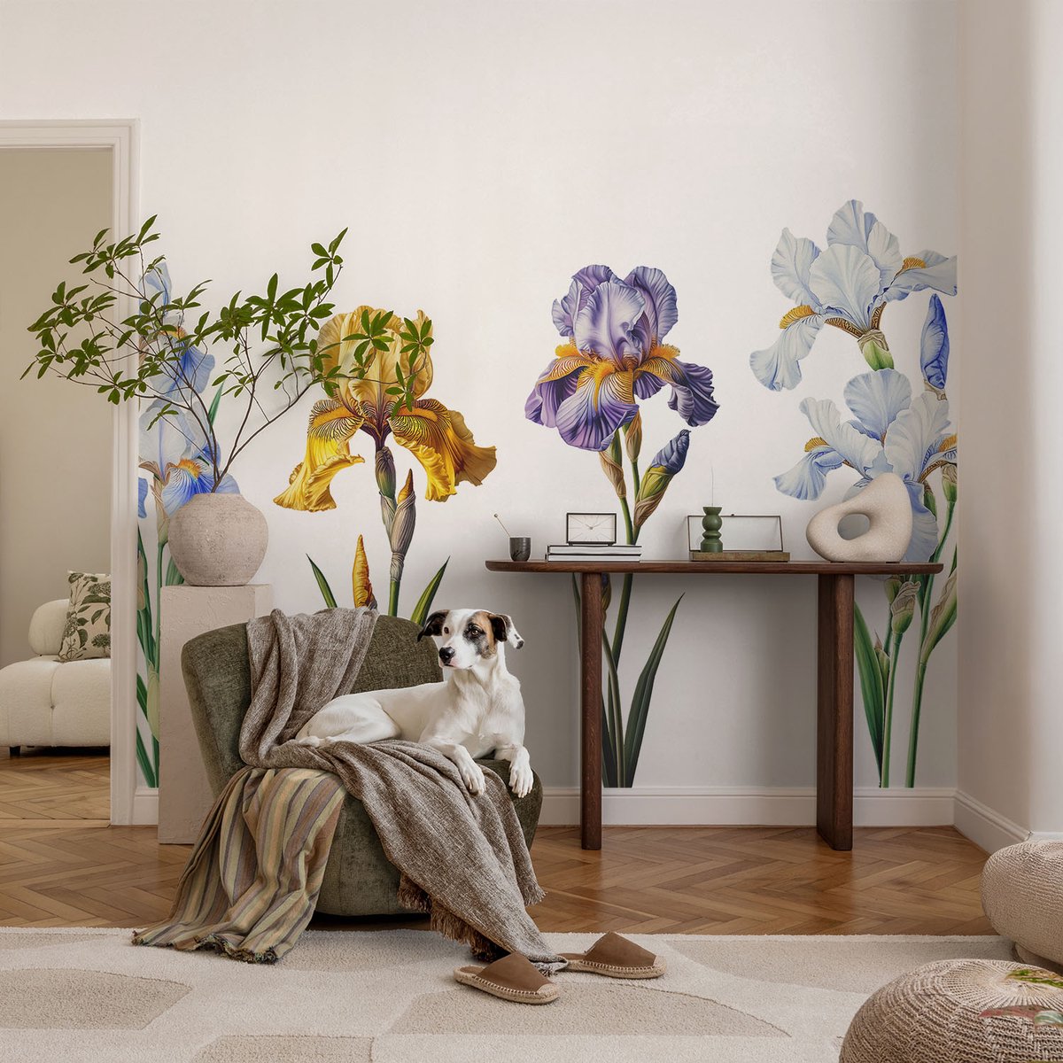 Coloray Vliesbehang - Blauw Snellijm Behang - 104x70 cm - Irisbloemen Muurschildering - Gang behang Bloemen En Planten - Fotobehang Vlies - Slaapkamer behang
