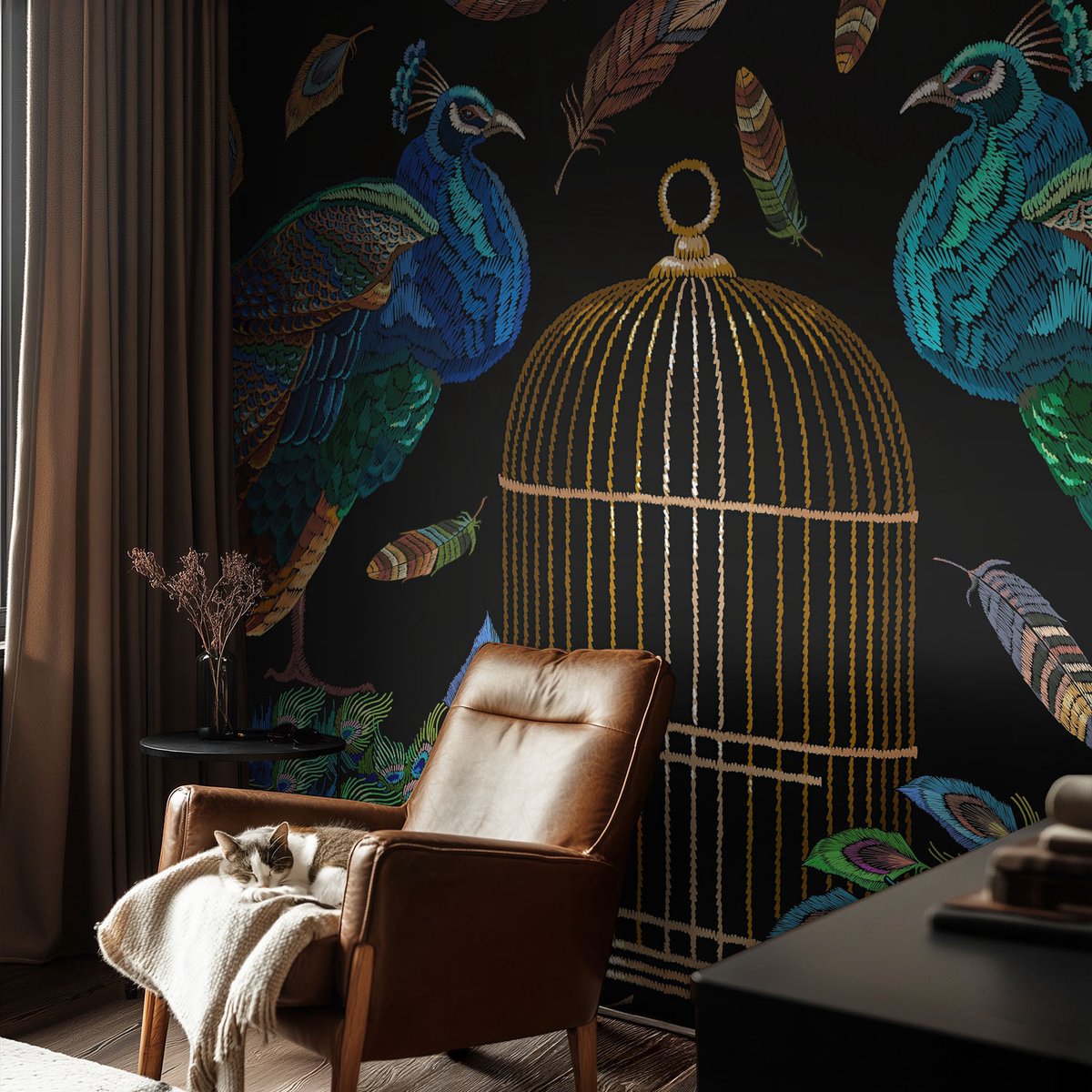 Coloray Vliesbehang - Zwart Snellijm Behang - 104x70 cm - Afbeelding Van Een Pauw Fotobehang Vlies - Hal behang Dieren - Muurschildering - Woonkamer behang
