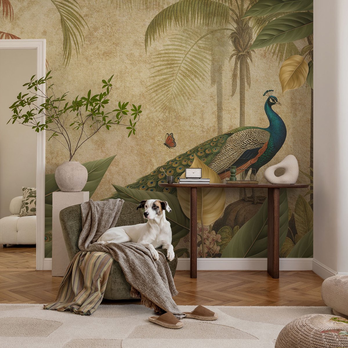 Coloray Vliesbehang - Grijs Snellijm Behang - 104x70 cm - Exotische Vogel Fotobehang Vlies - Hal behang Bloemen En Planten - Muurschildering - Woonkamer behang