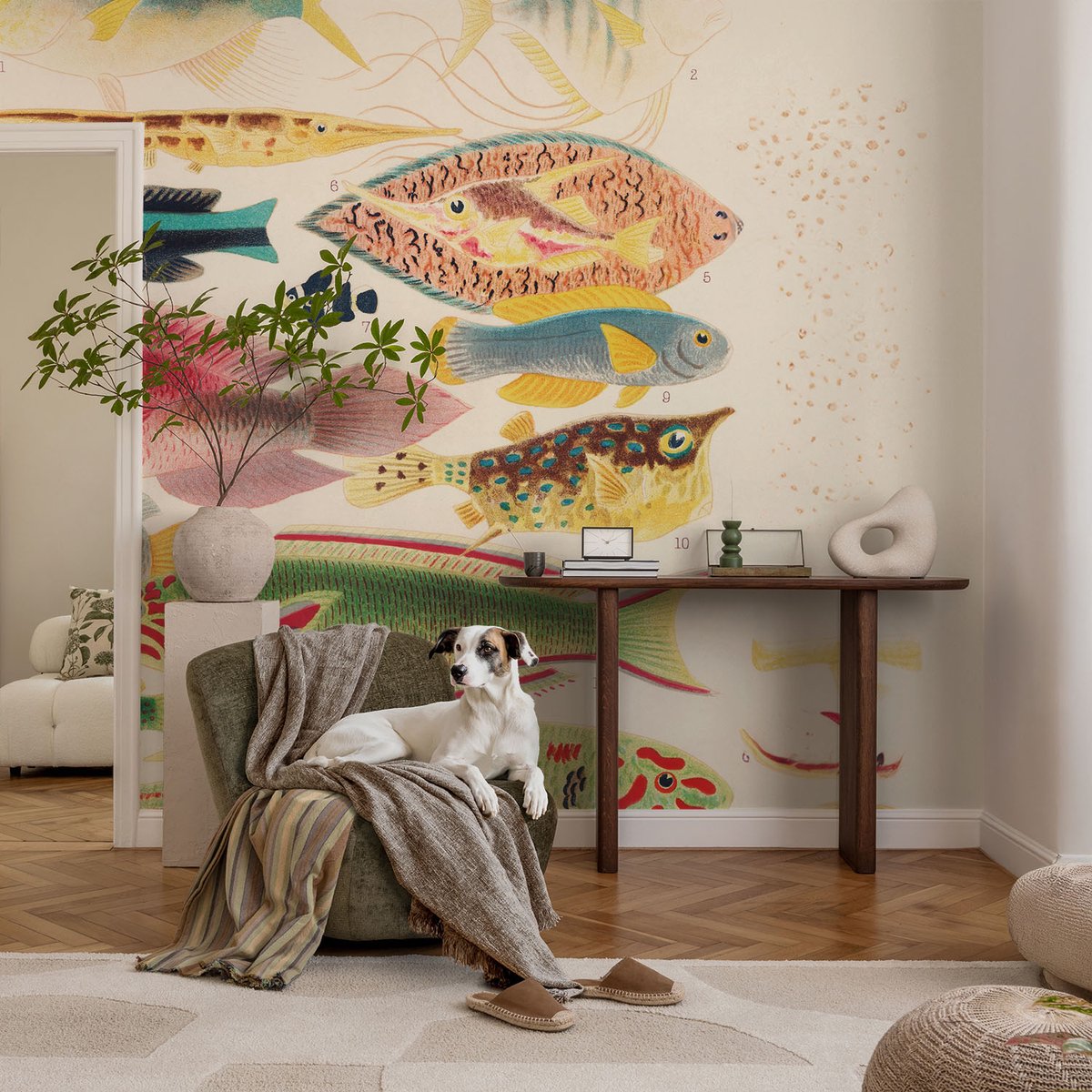 Coloray Vliesbehang - Beige Snellijm Behang - 104x70 cm - Kleurrijke Vissen Muurschildering - Slaapkamer behang Dieren - Fotobehang Vlies - Slaapkamer behang