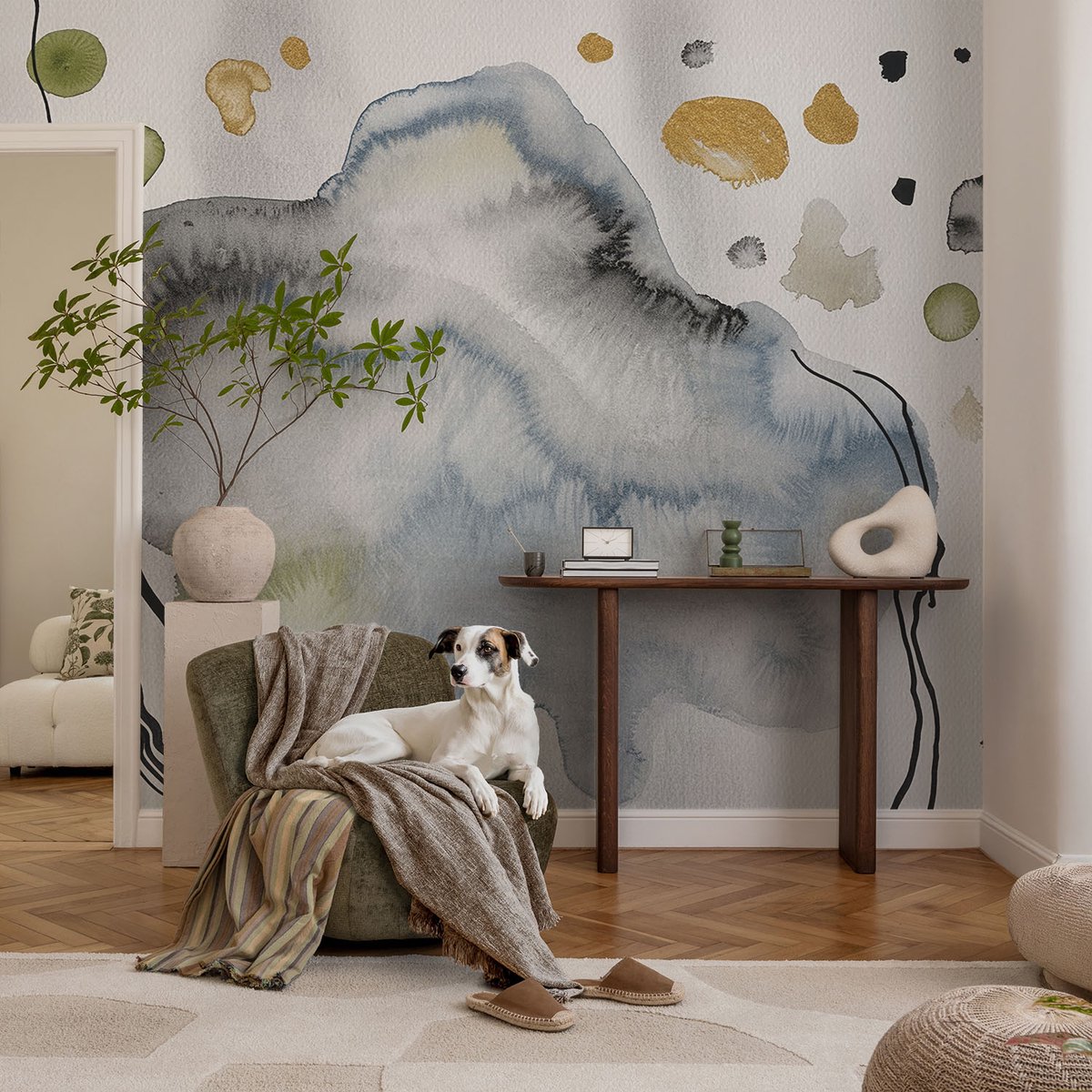 Coloray Vliesbehang - Grijs Snellijm Behang - 104x70 cm - Abstracte Aquarel Muurschildering - Slaapkamer behang Abstractie - Fotobehang Vlies - Slaapkamer behang