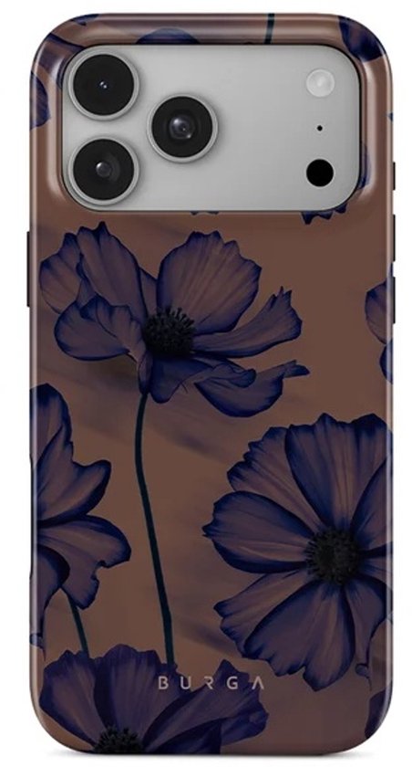 Bruin hoesje met dieppaarse bloemenprint, geschikt voor iPhone 18 Pro. Burga logo onderaan.