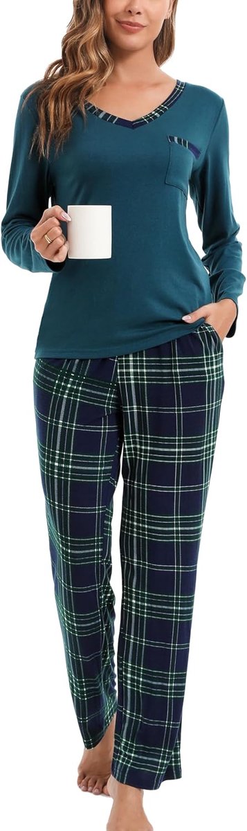 Pyjama met lange mouwen voor dames - V-hals pyjama's + geruite broek, zachte loungewear, nachtkleding voor lente en herfst