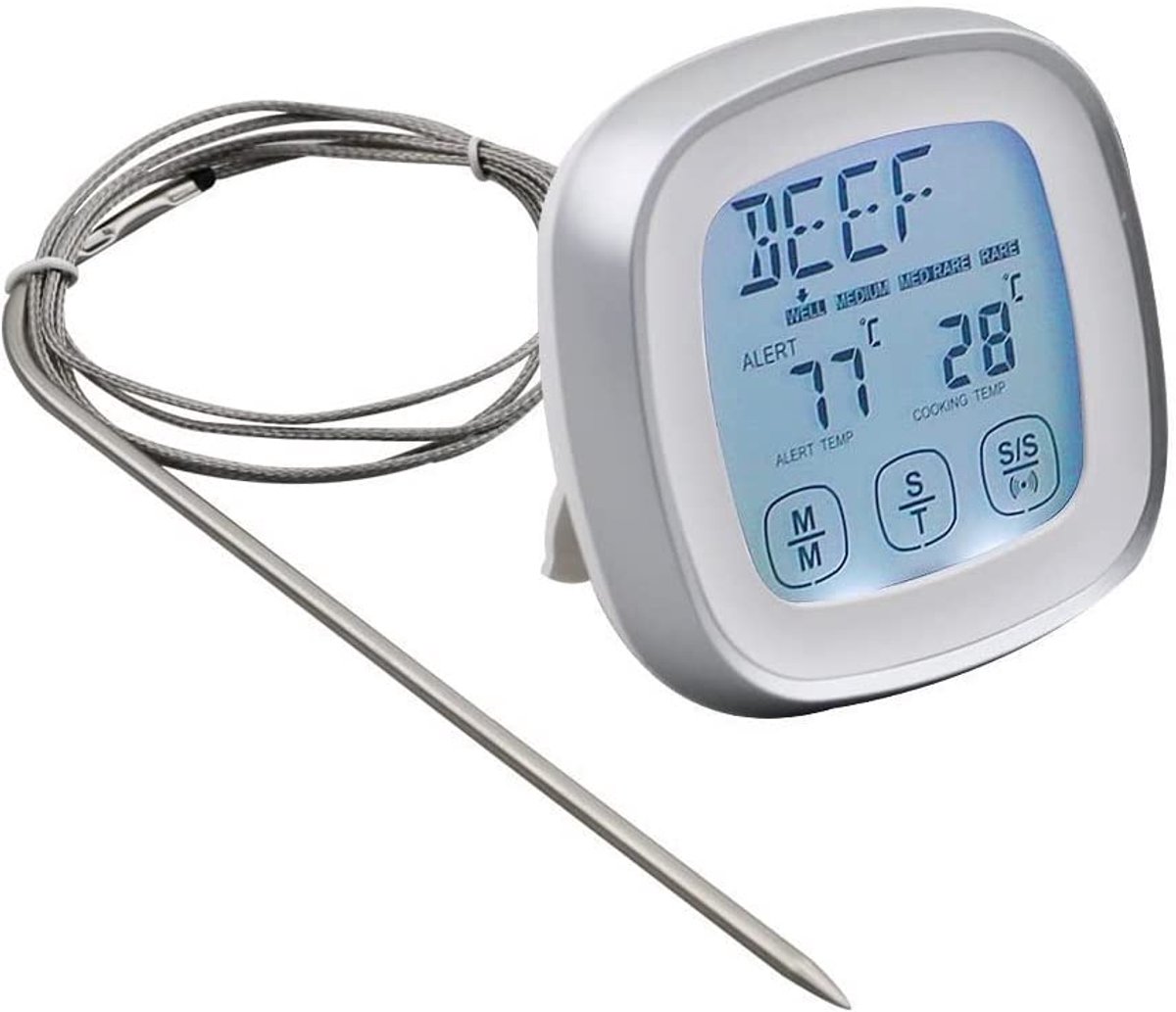 Read Food Thermometer Digitale Kookthermometer met Timer Alert Sonde voor Oven Keuken Grilling Roker (Zilver)