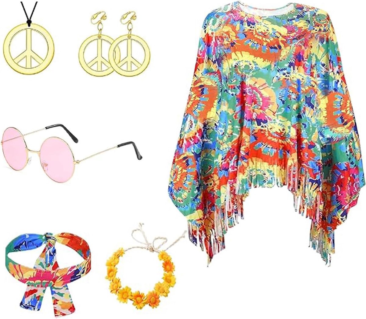 Hippiekostuum voor dames, carnavalskostuums met armband, haarband, oorbellen, halsketting, zonnebril, hippiejurk voor dames, jaren '70-jurk, hippiejurk voor dames
