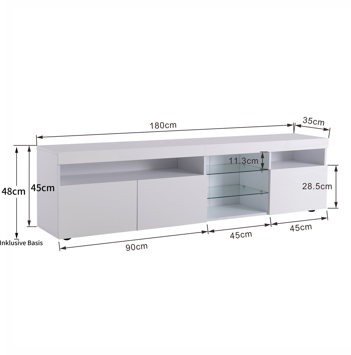 tv meubel - voor multimedia in woonkamer en eetkamer - 180x35x48 cm - wit hoogglans - variabele LED-verlichting met 4 verschillende lichtmodi - 3 gesloten deuren met glazen paneel - stevig MDF materiaal