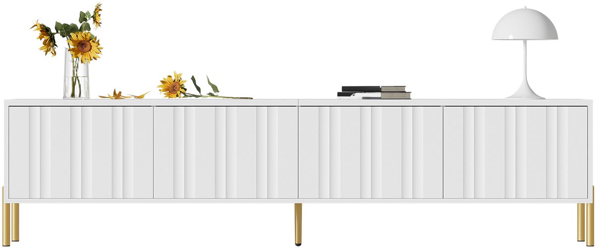 tv meubel Wit 190 cm met Gouden Poten - 4 deuren met verticale groeven - Gedempte scharnieren - Robotstofzuiger-vriendelijk (15 cm hoog) - 8 legplanken - Draagvermogen 60 kg