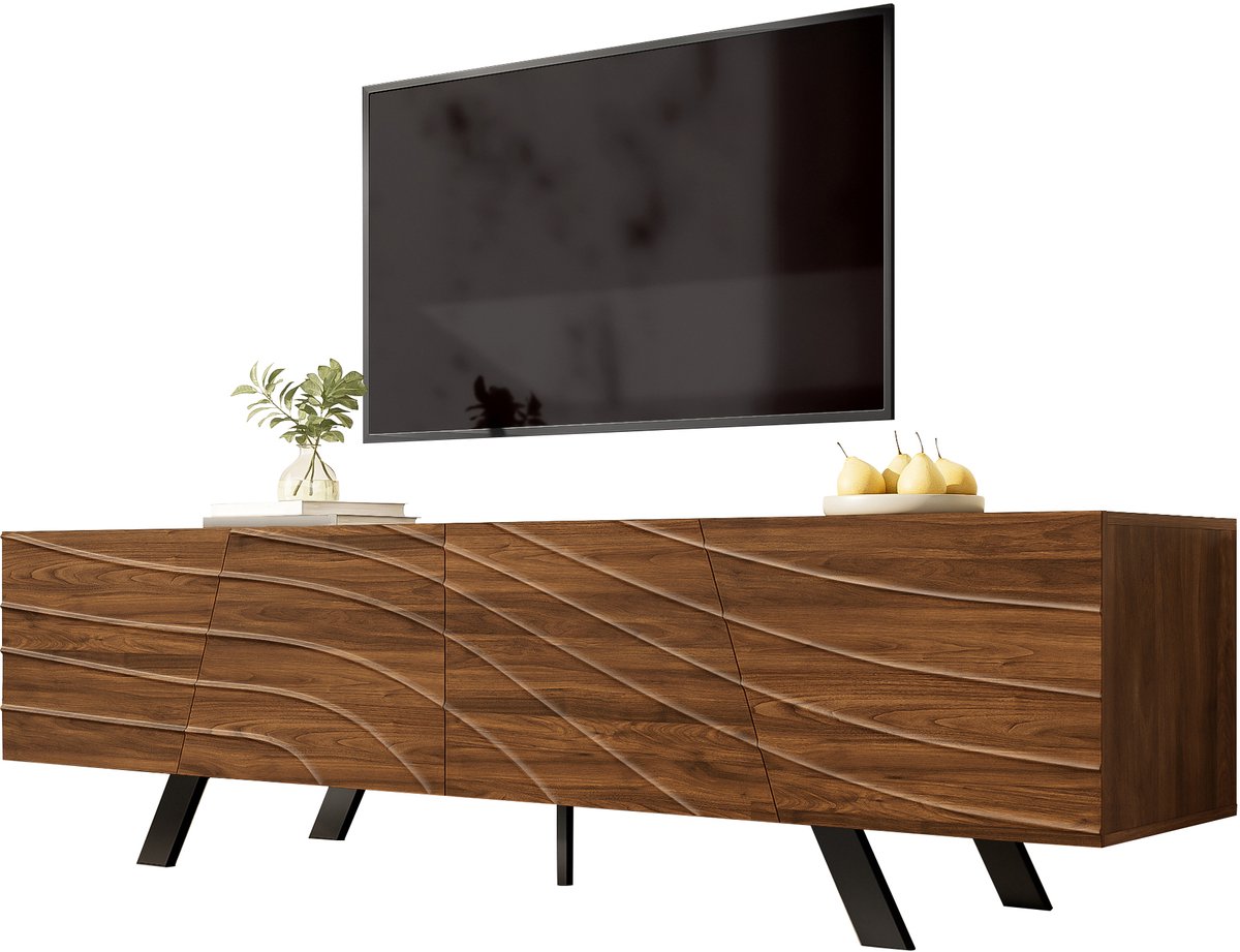 tv meubel met golvende deuren - Opbergmeubel voor woonkamer en hal - 160 x 39 x 50,5 cm - Walnoot en zwart - Zwarte ijzeren poten - Geïntegreerd kabelmanagement - Geschikt voor 65 inch tv