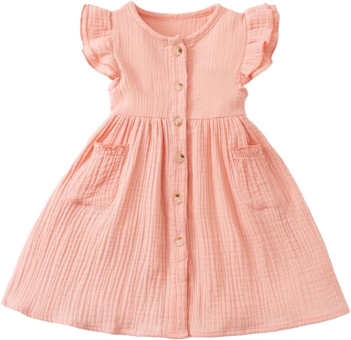 Zomerjurk voor kleine meisjes met ruches, ronde hals, knoopsluiting, casual, herfst, A-lijn, party, kinderjurk, 2-6 jaar