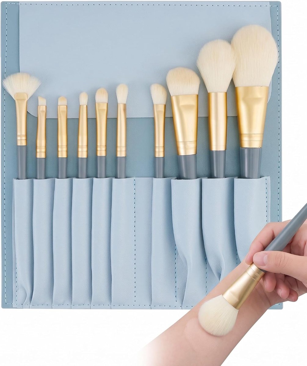10 stuks professionele make-upkwastenset, cosmetische kwasten voor oogschaduw, wenkbrauwen, foundation, met make-uptas (blauw)