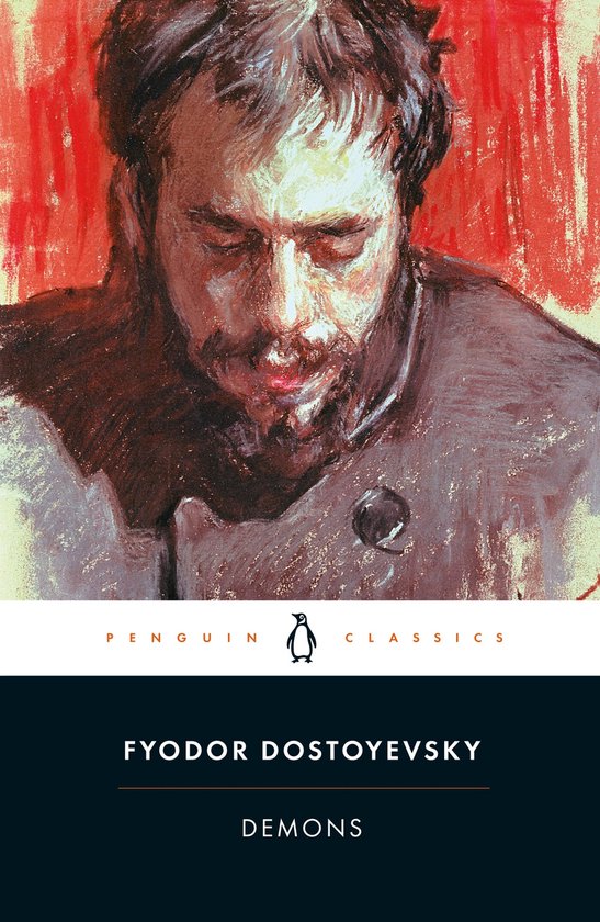 Boekomslag van 'Demons' van Fyodor Dostoyevsky. Portret in pastelkleuren, met rode achtergrond.