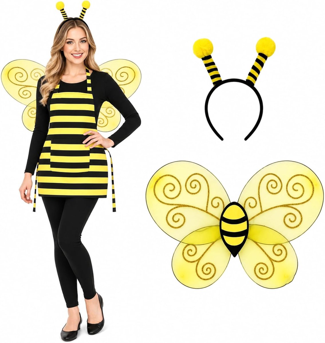 Set van 4 schort en dwergkegel, krijtschorten voor volwassenen, grappig kostuumschort met hoed, sok voor Halloween, carnaval, cosplay (zwart geel)