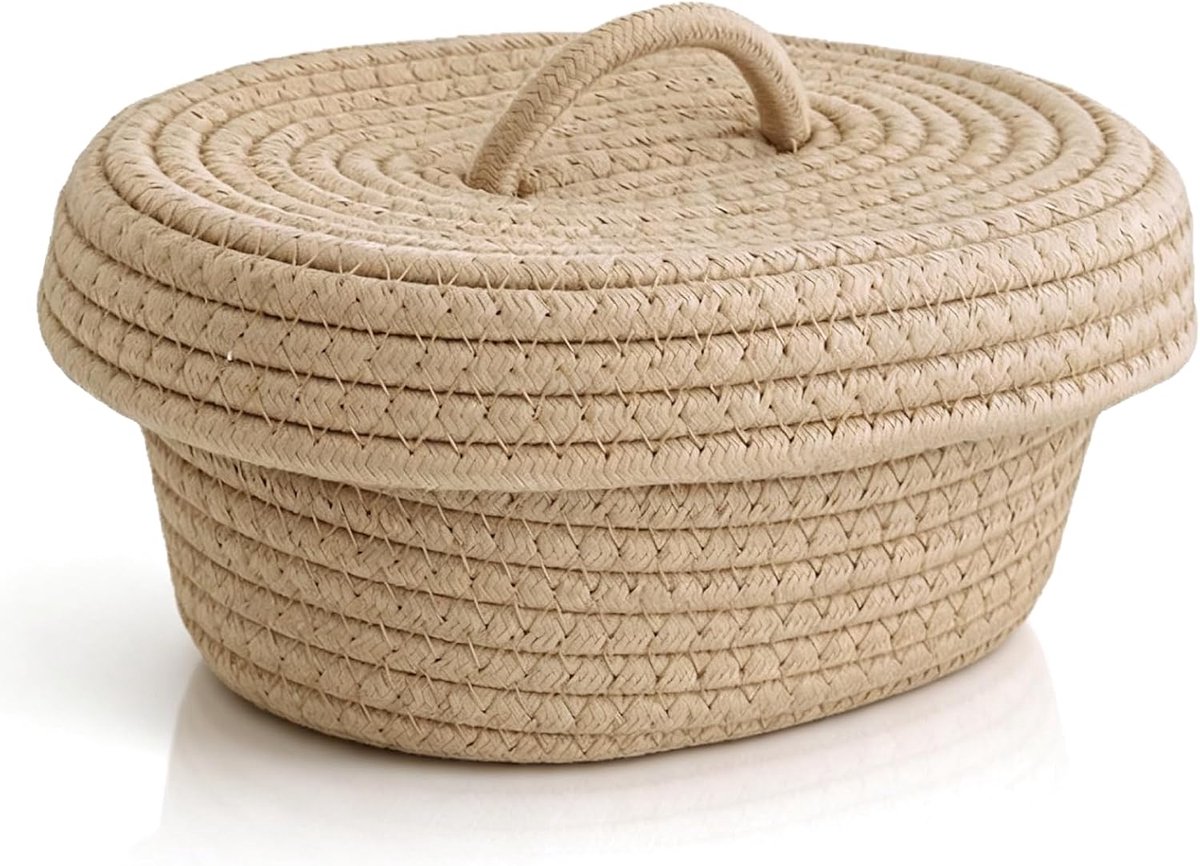 Opbergmand Met Deksel, Geweven Mand Met Deksel, Schattige Katoenen Touwmand, Katoenen Touwmand Met Deksel, Geweven Opbergbak, Opbergdoos Voor Snacks, Handdoeken, Planten(khaki)
