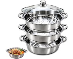 28 cm, roestvrij staal, 3 etages, stoompan met stoominzet voor inductie, grote steamer pot, stapelbaar, Mantowarka voor groenten, vis, aardappelen en familie
