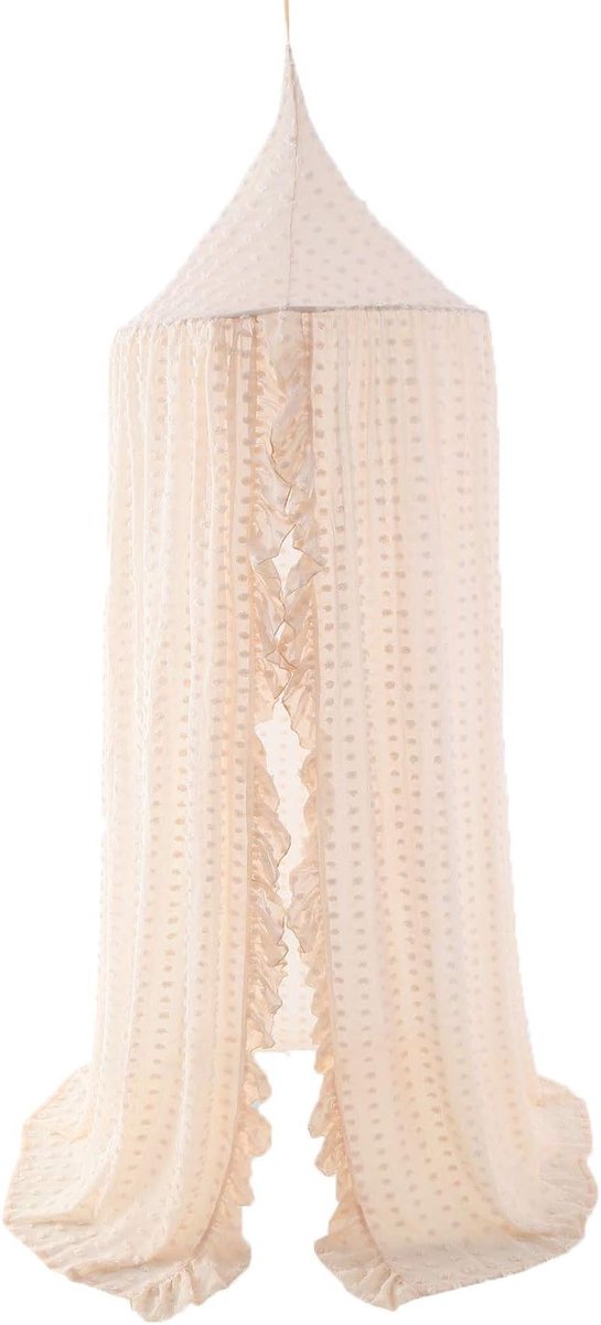 Space Elegant baldakijn voor kinderen, droomgordijn voor meisjes, prinses met pompon van kantnet, kinderdecoratie, leeshoek, beige
