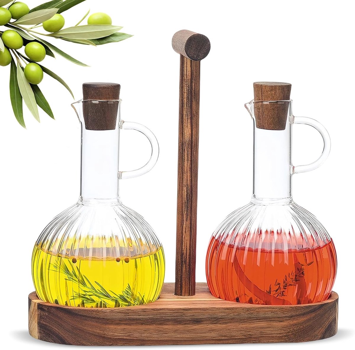 Azijn en olieflassen, houten standaard, 2 x 300 ml, druppelbestendige oliedispensers, azijndispensers, glazen olijfoliefles, bakolie container, olie- container, oliedoseerfles, keuken
